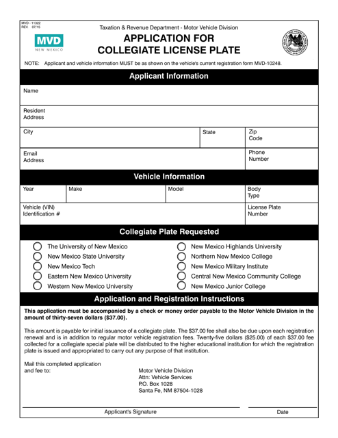 Form MVD-11322 Application for Collegiate License Plate - New Mexico