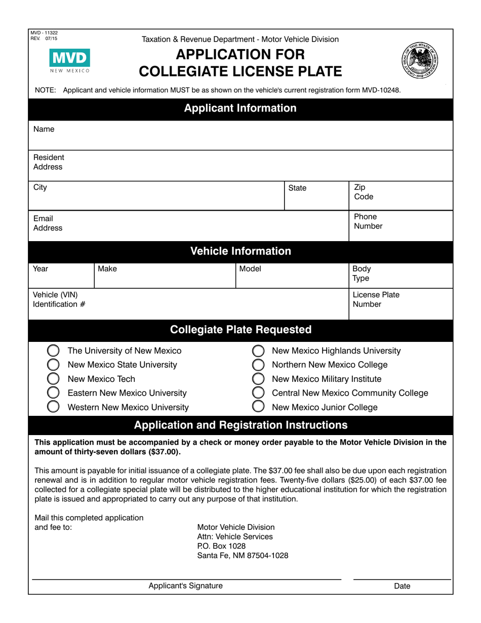 Form MVD-11322 Application for Collegiate License Plate - New Mexico, Page 1