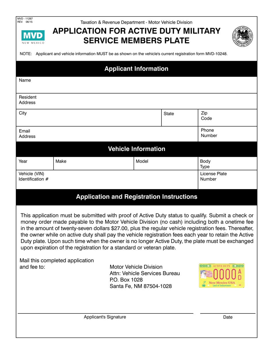 Form MVD-11267 Application for Active Duty Military Service Members Plate - New Mexico, Page 1