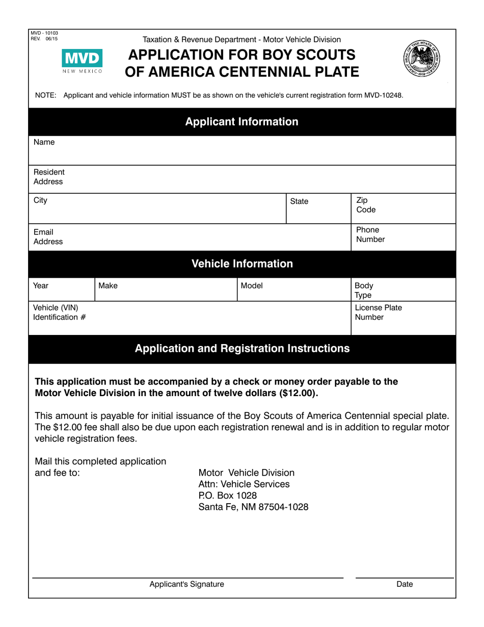 Form MVD-10103 Application for Boy Scouts of America Centennial Plate - New Mexico, Page 1