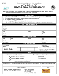 Document preview: Form MVD-10200 Application for Amateur Radio Operator Plate - New Mexico