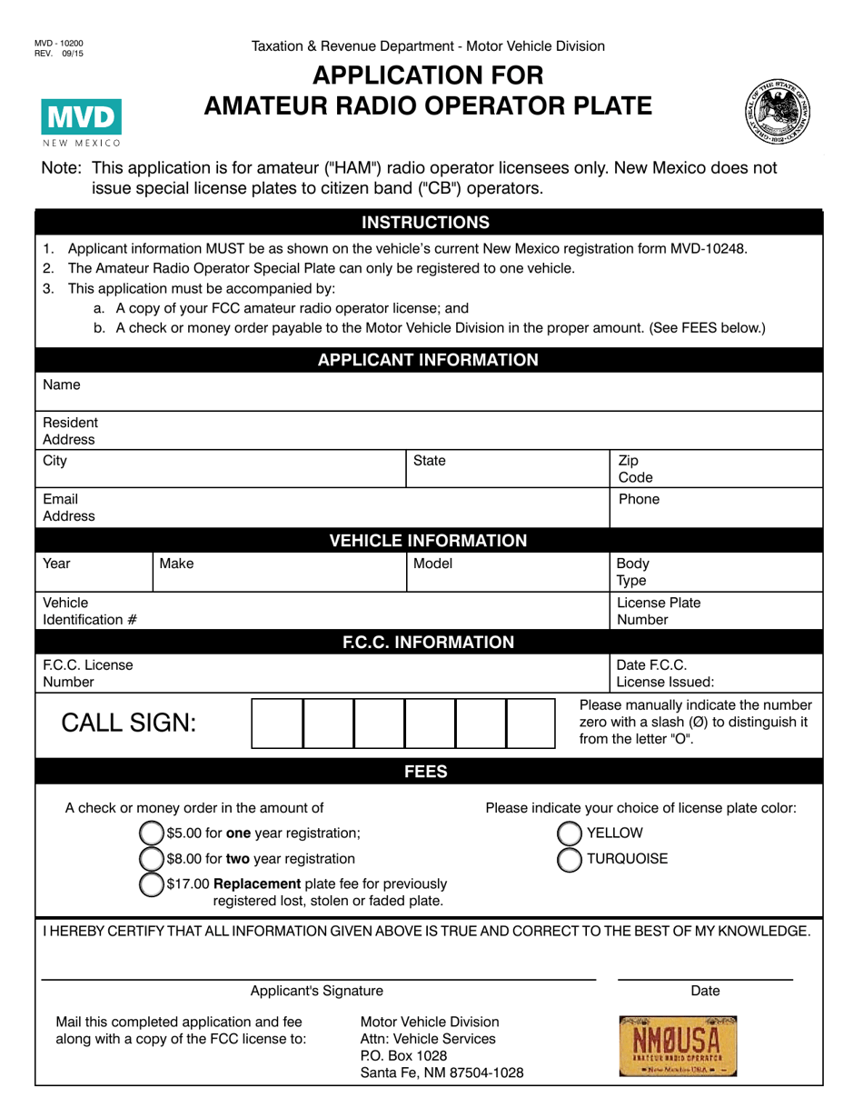 Form MVD-10200 Application for Amateur Radio Operator Plate - New Mexico, Page 1