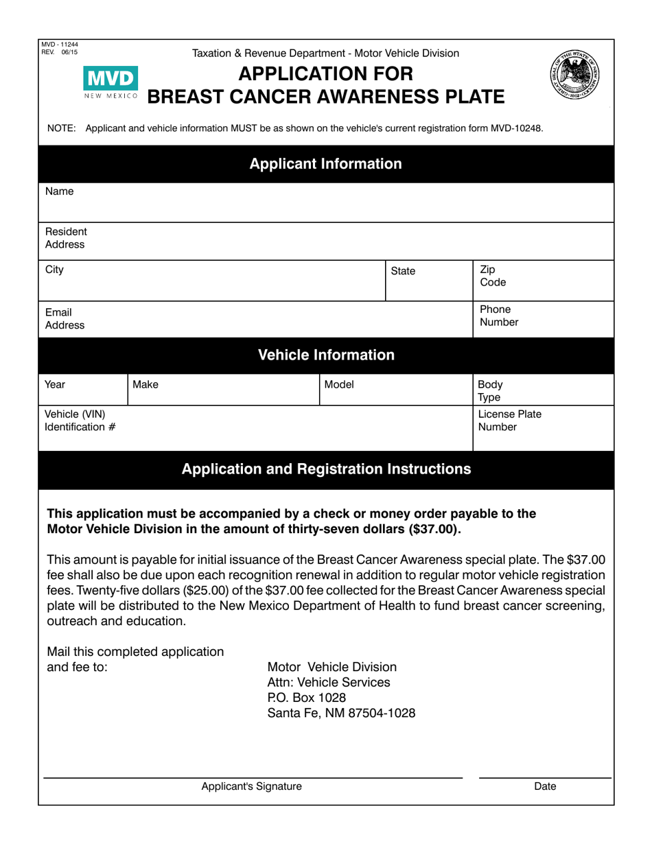 Form MVD-11244 Application for Breast Cancer Awareness Plate - New Mexico, Page 1