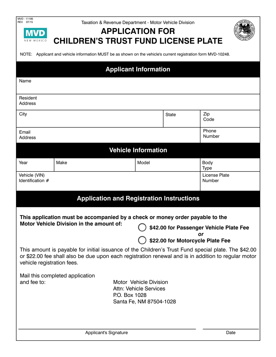 Form MVD-11195 Application for Childrens Trust Fund License Plate - New Mexico, Page 1