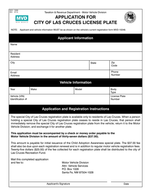 Form MVD-10099 Application for City of Las Cruces License Plate - New Mexico