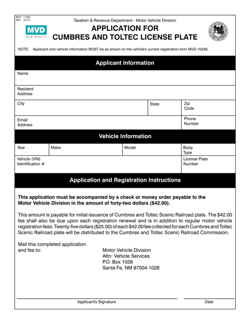 Form MVD-11309 Application for Cumbres and Toltec License Plate - New Mexico