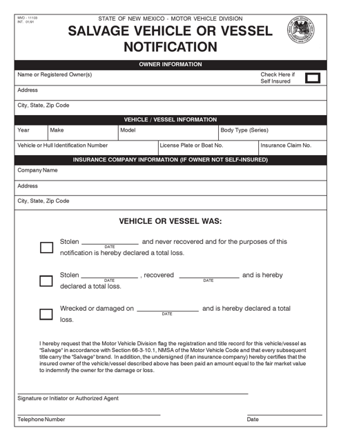 Form MVD-11103 Salvage Vehicle or Vessel Notification - New Mexico