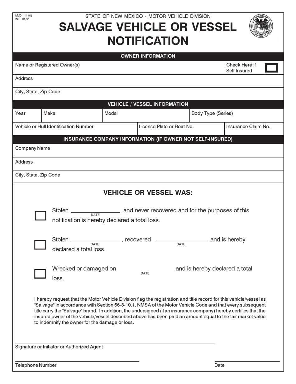 Form MVD-11103 Salvage Vehicle or Vessel Notification - New Mexico, Page 1