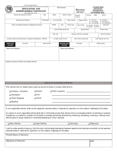 Form MVD-10005 Application for Nonrepairable Certificate - New Mexico