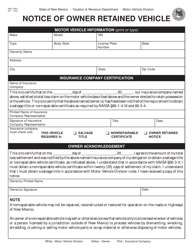 Document preview: Form MVD-10651 Notice of Owner Retained Vehicle - New Mexico