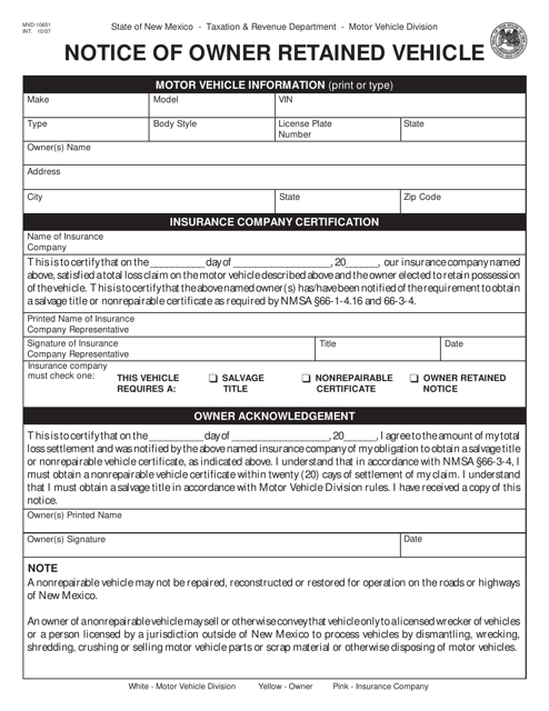 Form MVD-10651 Notice of Owner Retained Vehicle - New Mexico