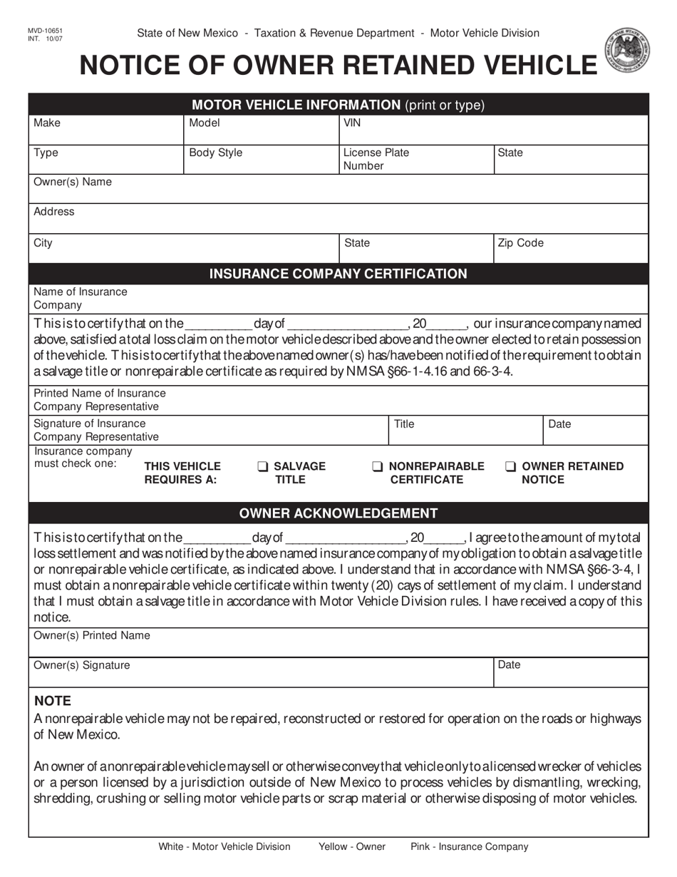 Form MVD-10651 Notice of Owner Retained Vehicle - New Mexico, Page 1