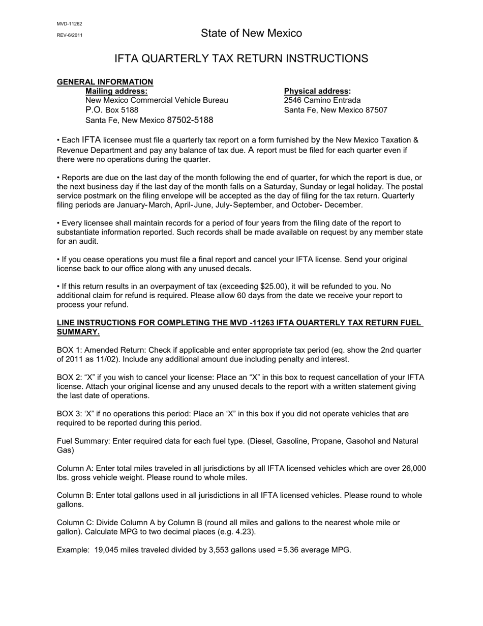 Instructions for Form MVD-11263 Ifta Quarterly Tax Return - New Mexico, Page 1