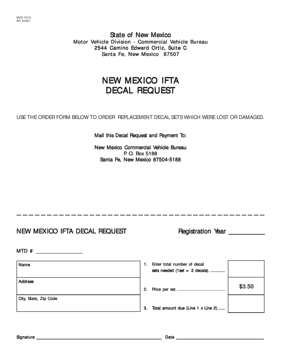 Form MVD-11212 New Mexico Ifta Decal Request - New Mexico, Page 1