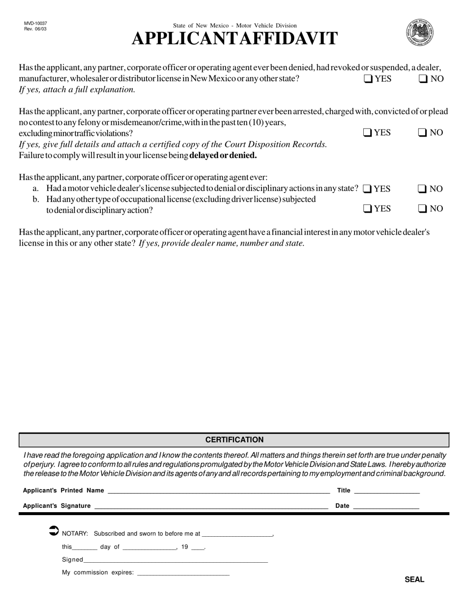 Form MVD-10037 Applicant Affidavit - New Mexico, Page 1