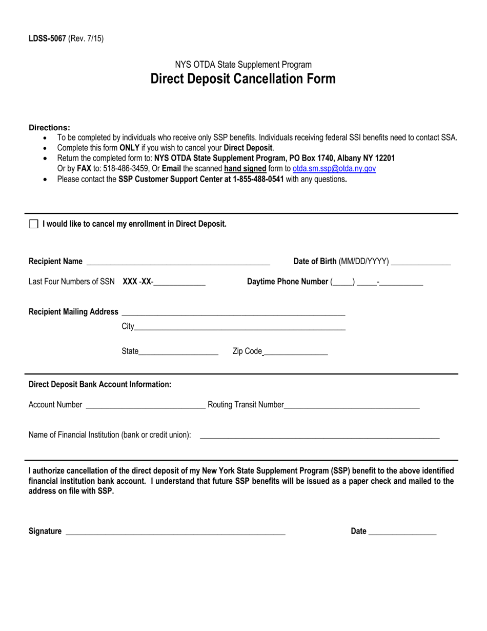 Form LDSS-5067 Direct Deposit Cancellation Form - New York, Page 1