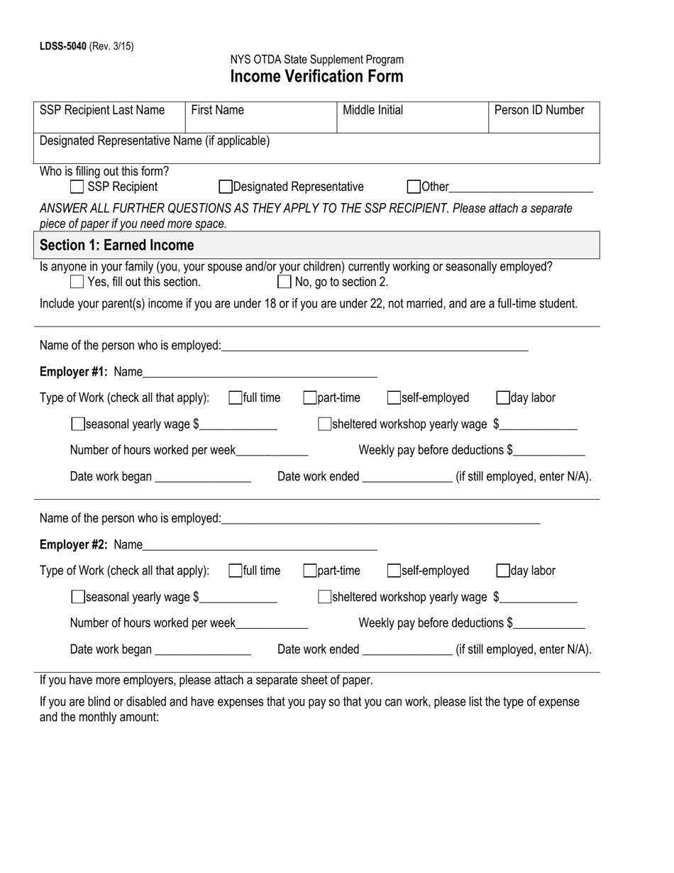 Form LDSS-5040 Income Verification Form - New York, Page 1