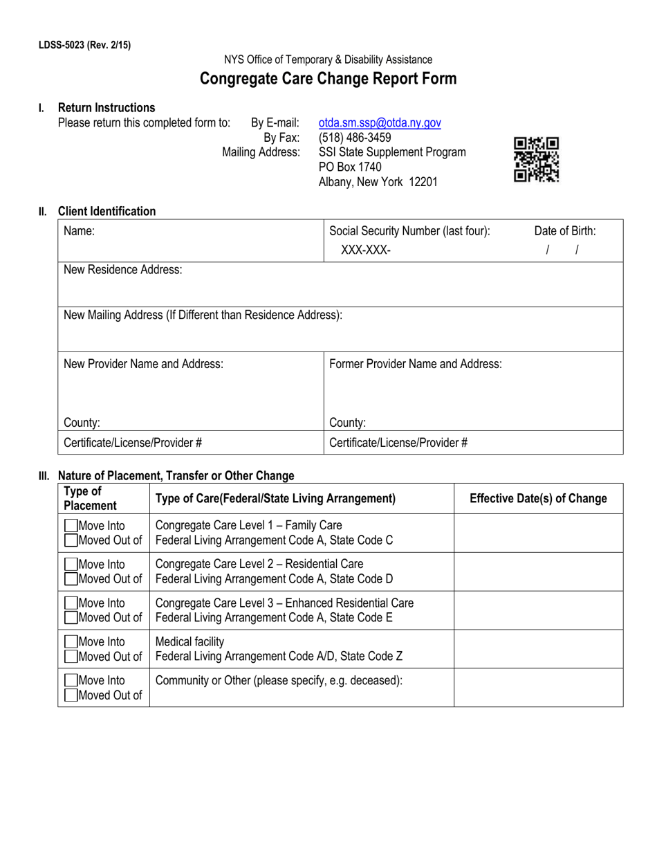 Form LDSS-5023 Congregate Care Change Report Form - New York, Page 1