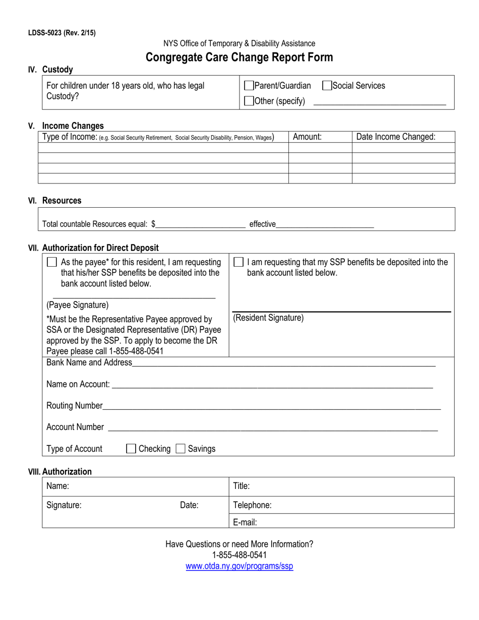 Form LDSS-5023 Congregate Care Change Report Form - New York, Page 2