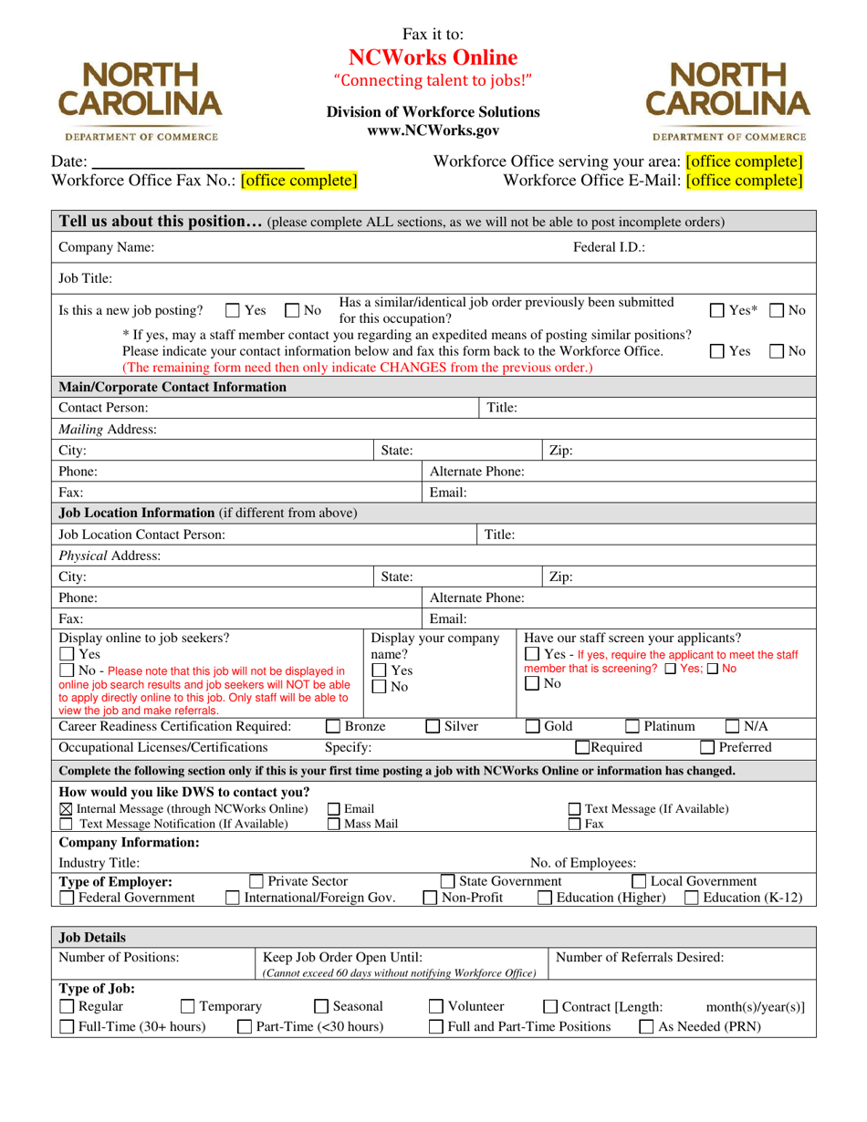 Job Listing Fax Forms - North Carolina, Page 1