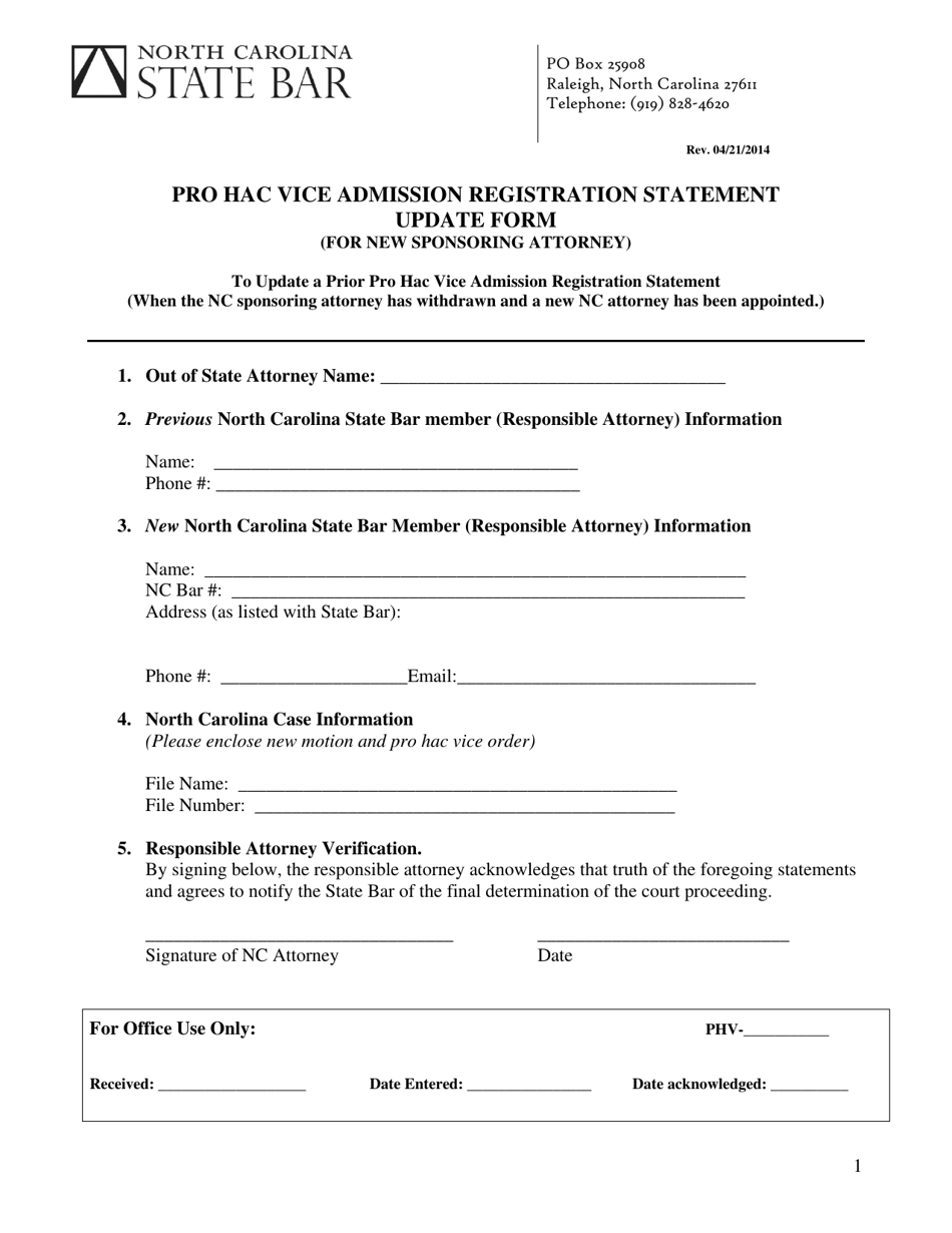 Pro Hac Vice Admission Registration Statement Update Form (For New Sponsoring Attorney) - North Carolina, Page 1