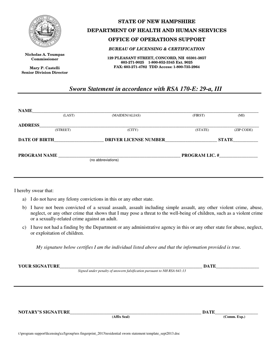 Residential Program Sworn Statement - New Hampshire, Page 1