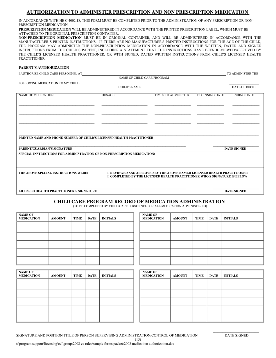 Authorization to Administer Prescription and Non Prescription Medication - New Hampshire, Page 1