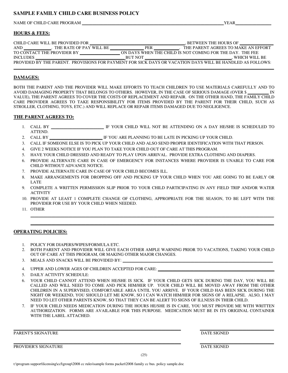 Sample Family Child Care Business Policy - New Hampshire, Page 1