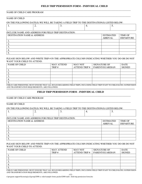 Field Trip Permission Form - Individual Child - New Hampshire