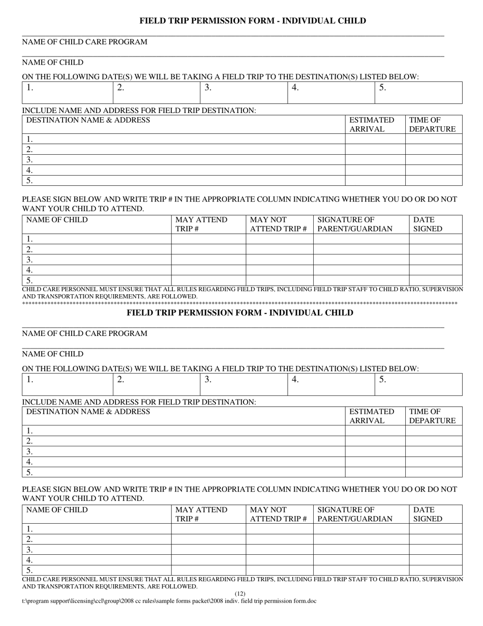 Field Trip Permission Form - Individual Child - New Hampshire, Page 1