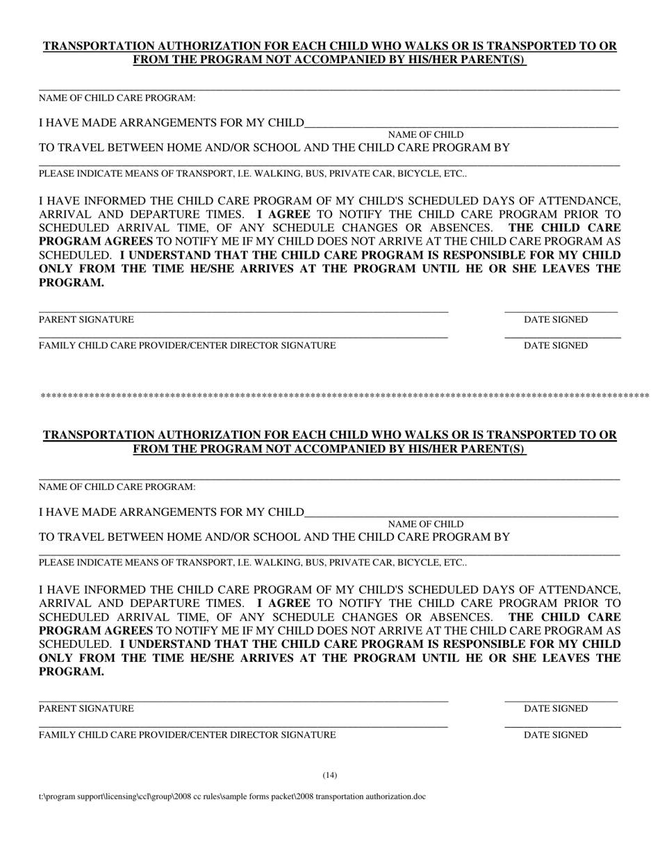 Transportation Authorization for Each Child Who Walks or Is Transported to or From the Program Not Accompanied by His / Her Parent(S) - New Hampshire, Page 1