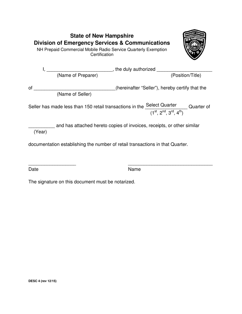 Form DESC4 Nh Prepaid Commercial Mobile Radio Service Quarterly Exemption Certification - New Hampshire, Page 1