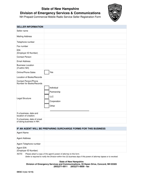 Form DESC3 Nh Prepaid Commercial Mobile Radio Service Seller Registration Form - New Hampshire