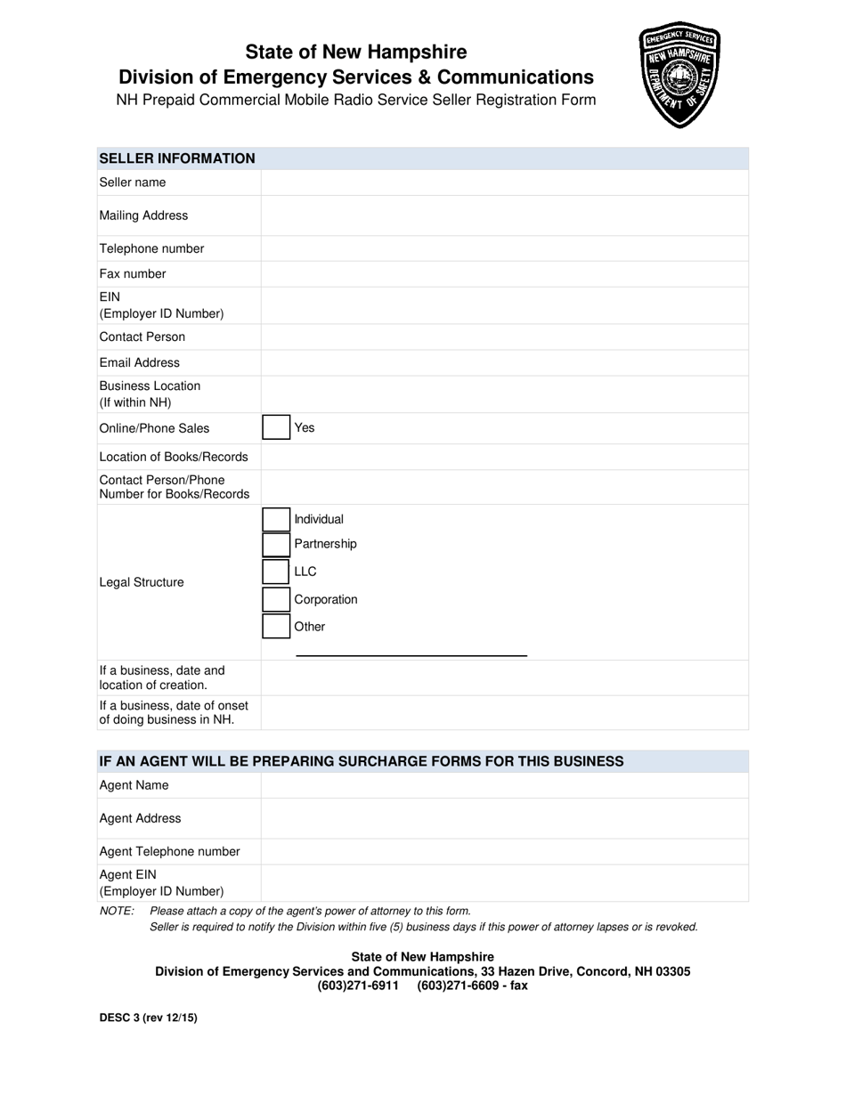 Form DESC3 Nh Prepaid Commercial Mobile Radio Service Seller Registration Form - New Hampshire, Page 1