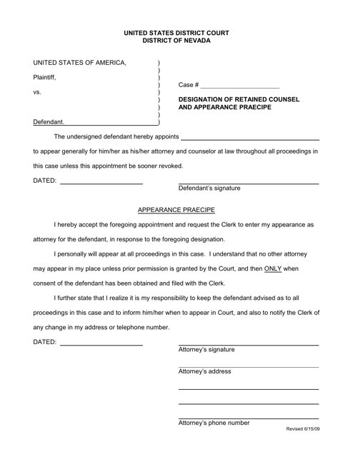 Designation of Retained Counsel and Appearance Praecipe - Nevada