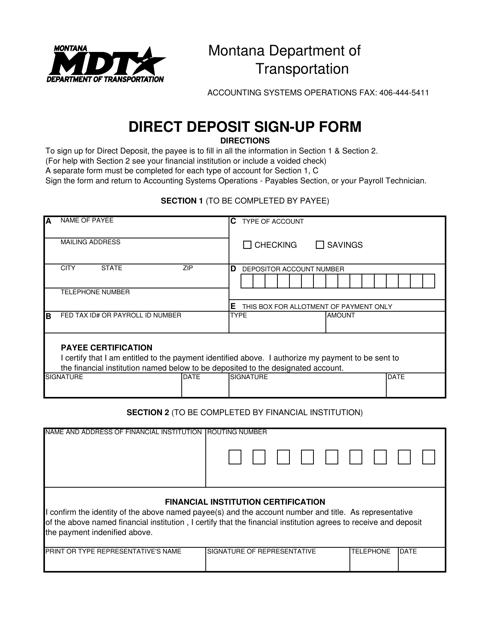Direct Deposit Sign-Up Form - Montana Download Pdf