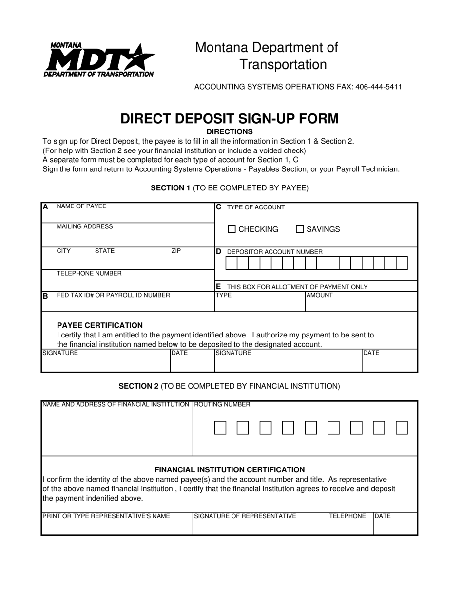 Direct Deposit Sign-Up Form - Montana, Page 1