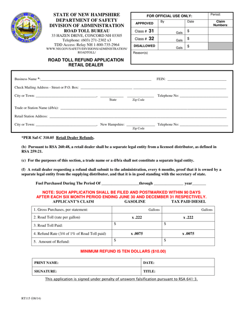 Form RT115 Road Toll Refund Application Retail Dealer - New Hampshire
