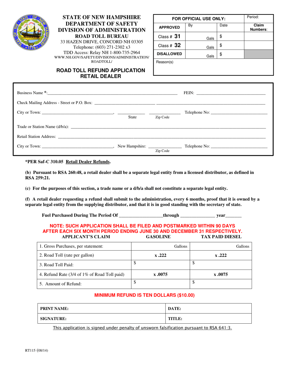 Form RT115 Road Toll Refund Application Retail Dealer - New Hampshire, Page 1
