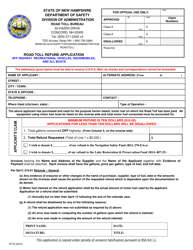 Form RT123 Road Toll Refund Application - off Highway Recreational Vehicles, Snowmobiles, Boats - New Hampshire