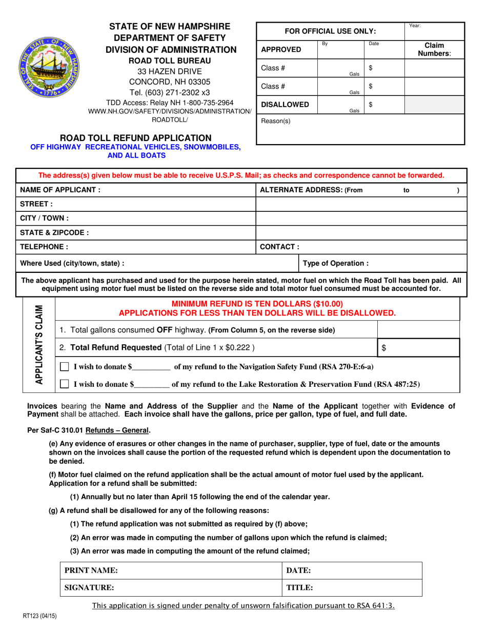 Form RT123 Road Toll Refund Application - off Highway Recreational Vehicles, Snowmobiles, Boats - New Hampshire, Page 1