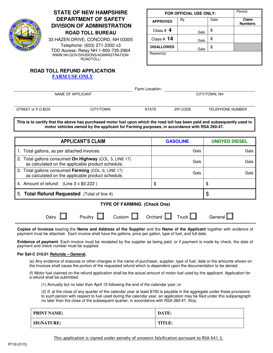 Form RT126 Road Toll Refund Application - New Hampshire, Page 1