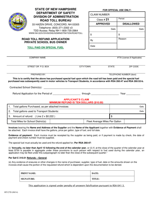 Form RT127D Road Toll Refund Application - Private School Bus Owner - Toll Paid Diesel Only - New Hampshire