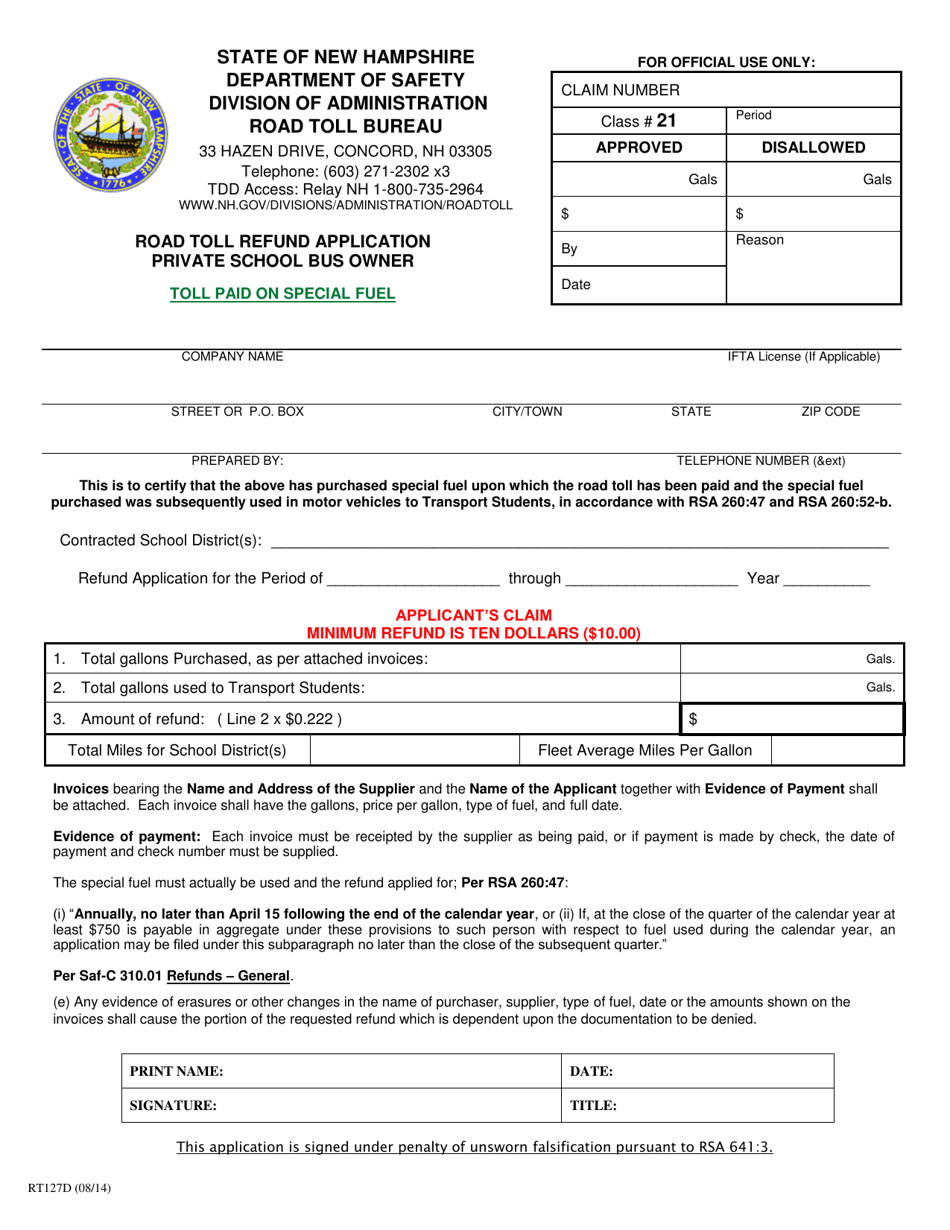 Form RT127D Road Toll Refund Application - Private School Bus Owner - Toll Paid Diesel Only - New Hampshire, Page 1