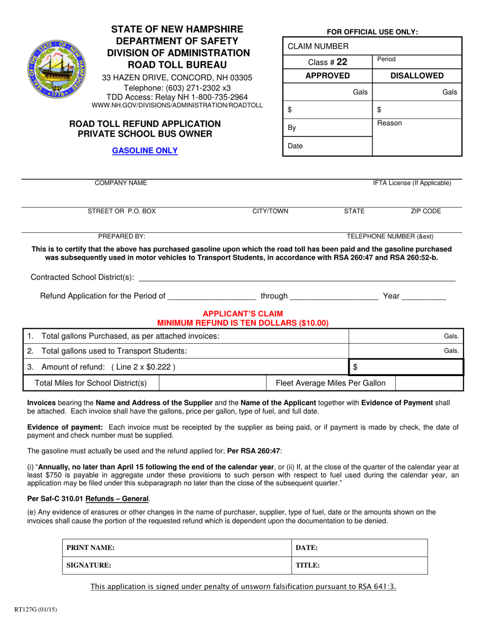 Form RT127G Road Toll Refund Application - Private School Bus Owner - Gasoline Only - New Hampshire, Page 1
