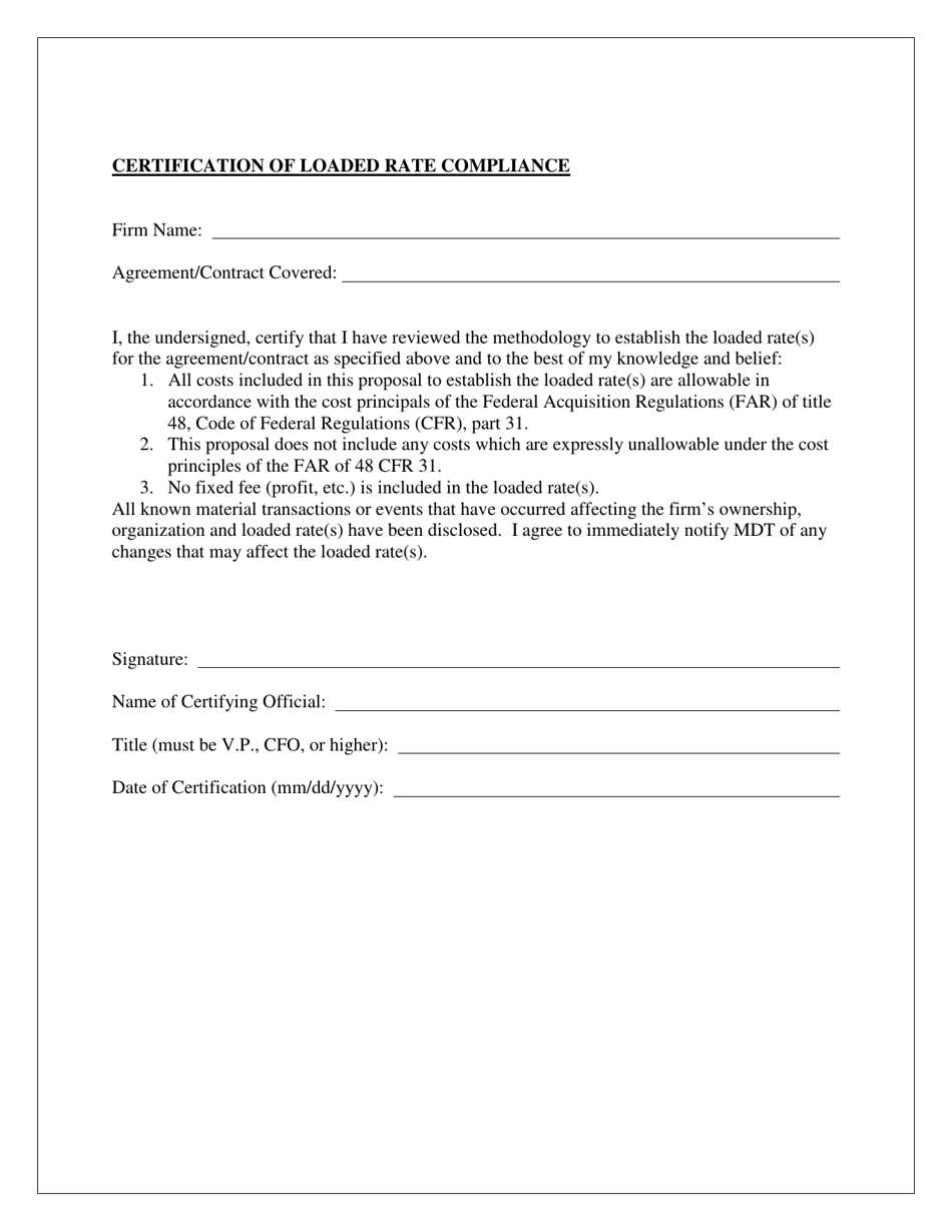 Certification of Loaded Rate Compliance - Montana, Page 1