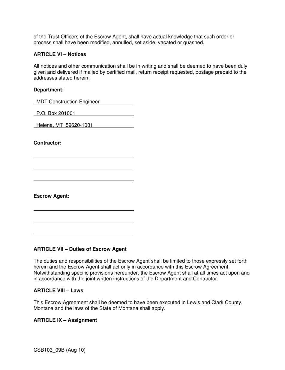 Form CSB103_09B Escrow Agreement - Montana, Page 3