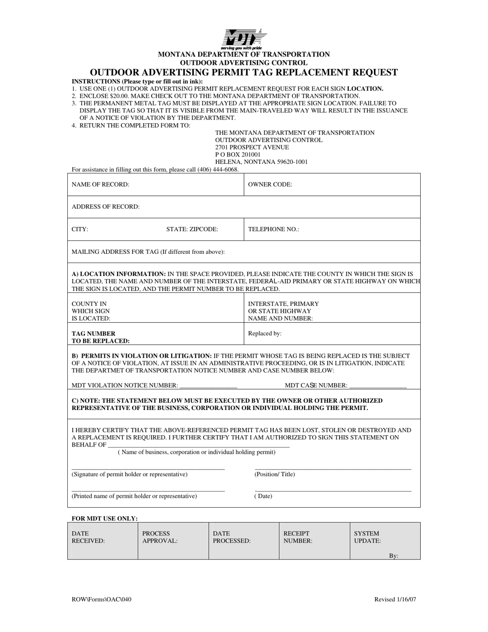 Montana Outdoor Advertising Permit Tag Replacement Request Fill Out, Sign Online and Download