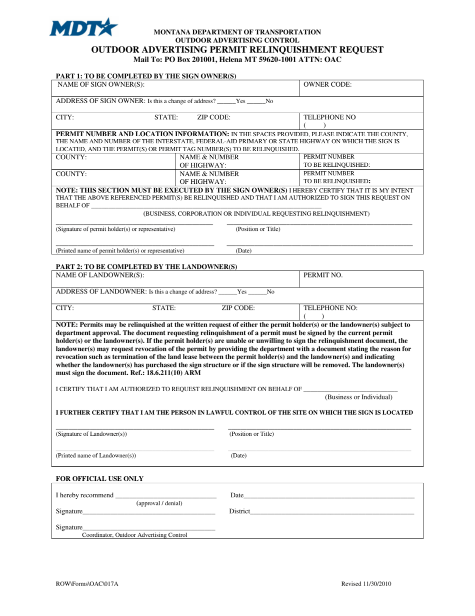 Montana Outdoor Advertising Permit Relinquishment Request Fill Out, Sign Online and Download