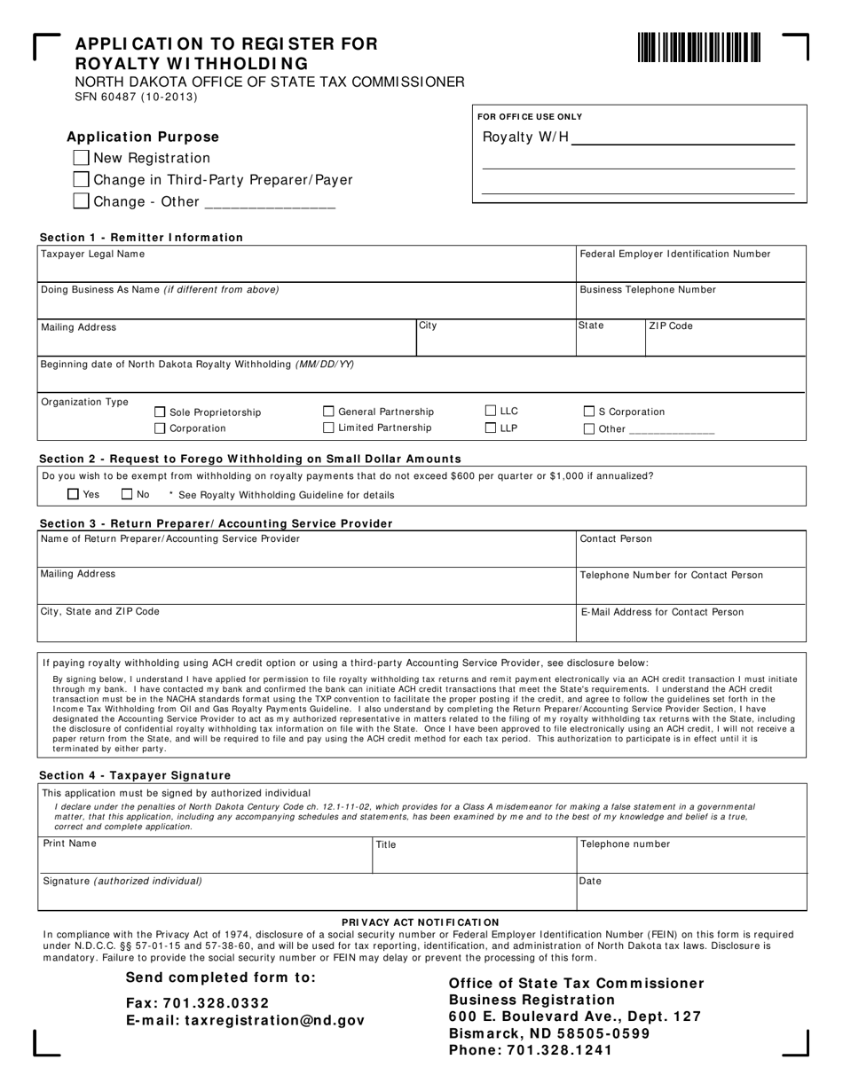 Form SFN60487 Application to Register for Royalty Withholding - North Dakota, Page 1